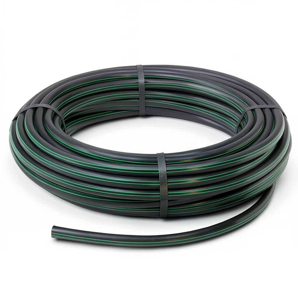 لفة أنابيب HDPE ضغط 12.5 بار PE 80 قطر خارجي 63 مم SDR 11 أسود مع خطوط خضراء