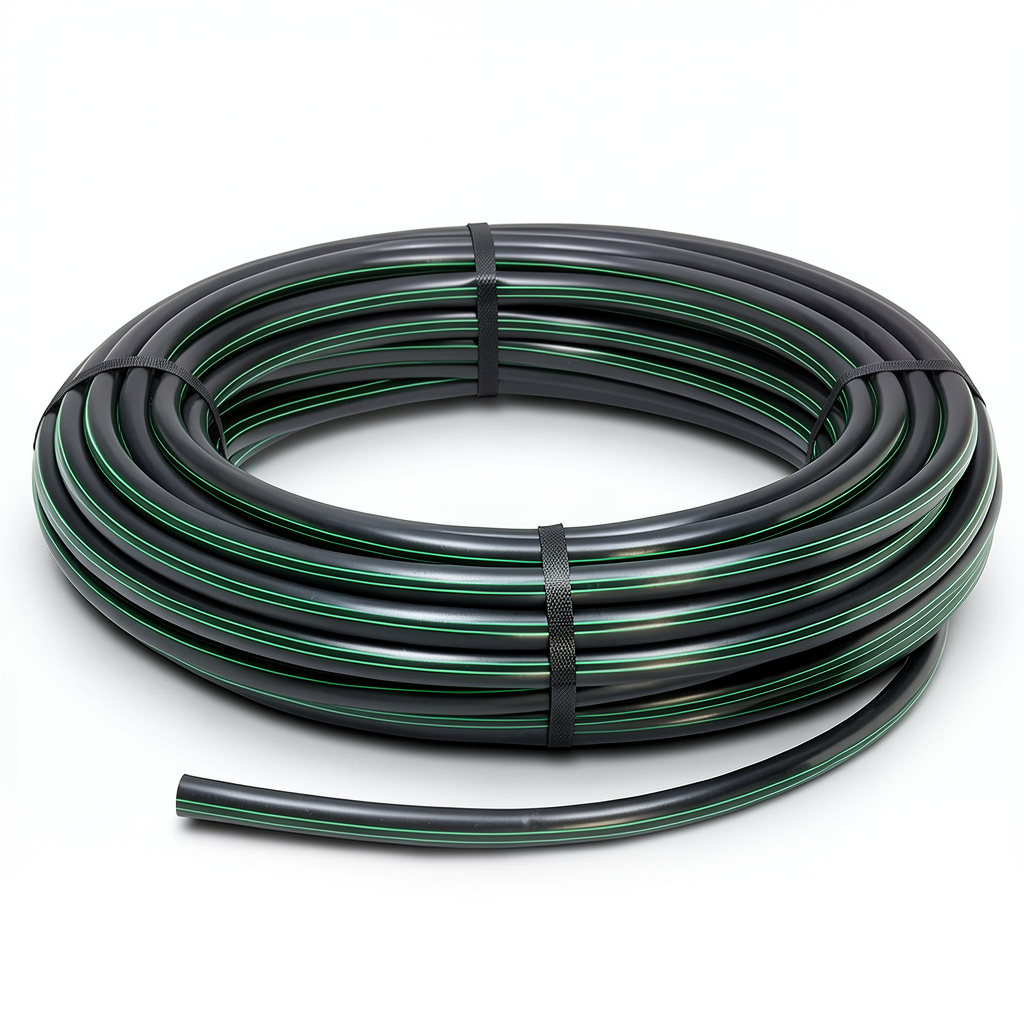 لفة أنابيب HDPE ضغط 10 بار PE 80 قطر خارجي 140 مم SDR 13.6 أسود مع خطوط خضراء