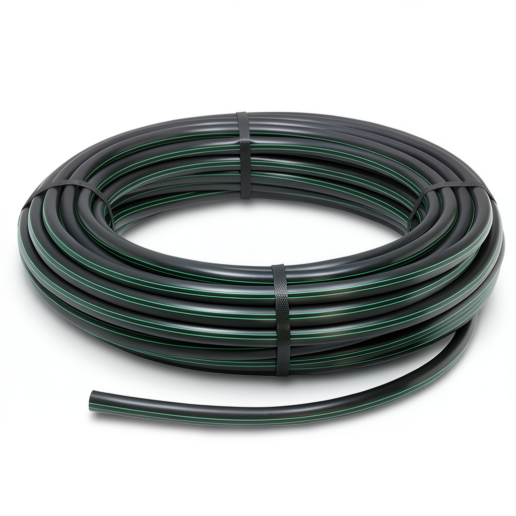 لفة أنابيب HDPE ضغط 10 بار [PE 80] قطر خارجي 160 مم SDR 13.6 لون أسود مع خط أخضر
