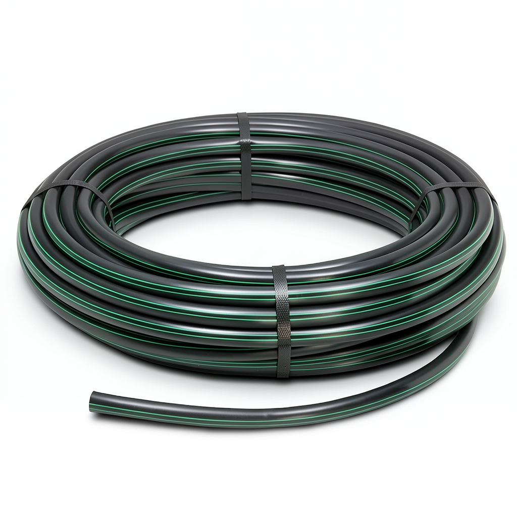 لفة أنابيب HDPE ضغط 12.5 بار PE 80، قطر خارجي 125 مم SDR 11 أسود مع خط أخضر