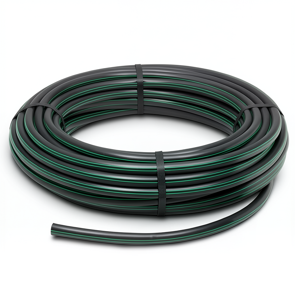 لفة أنابيب HDPE ضغط 12.5 بار PE 80 قطر خارجي 25 مم SDR 11 أسود مع خط أخضر