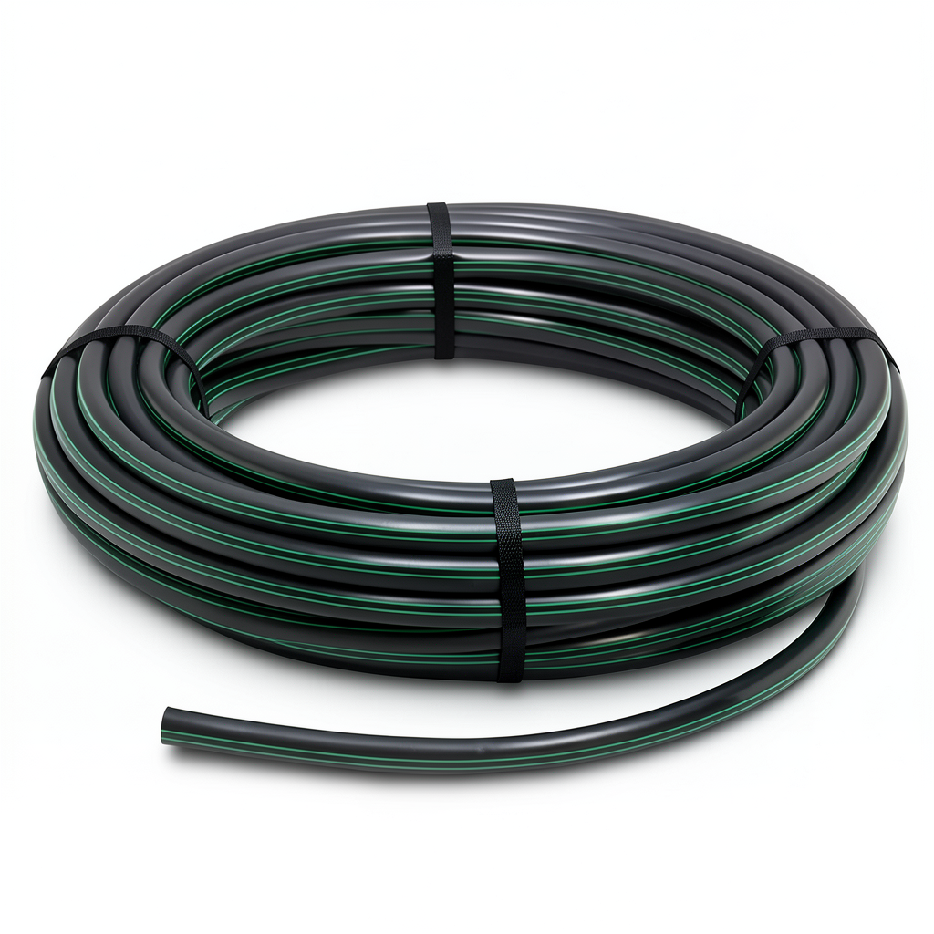 لفة أنابيب HDPE ضغط 12.5 بار PE 80 قطر خارجي 50 مم SDR 11 لون أسود مع خط أخضر