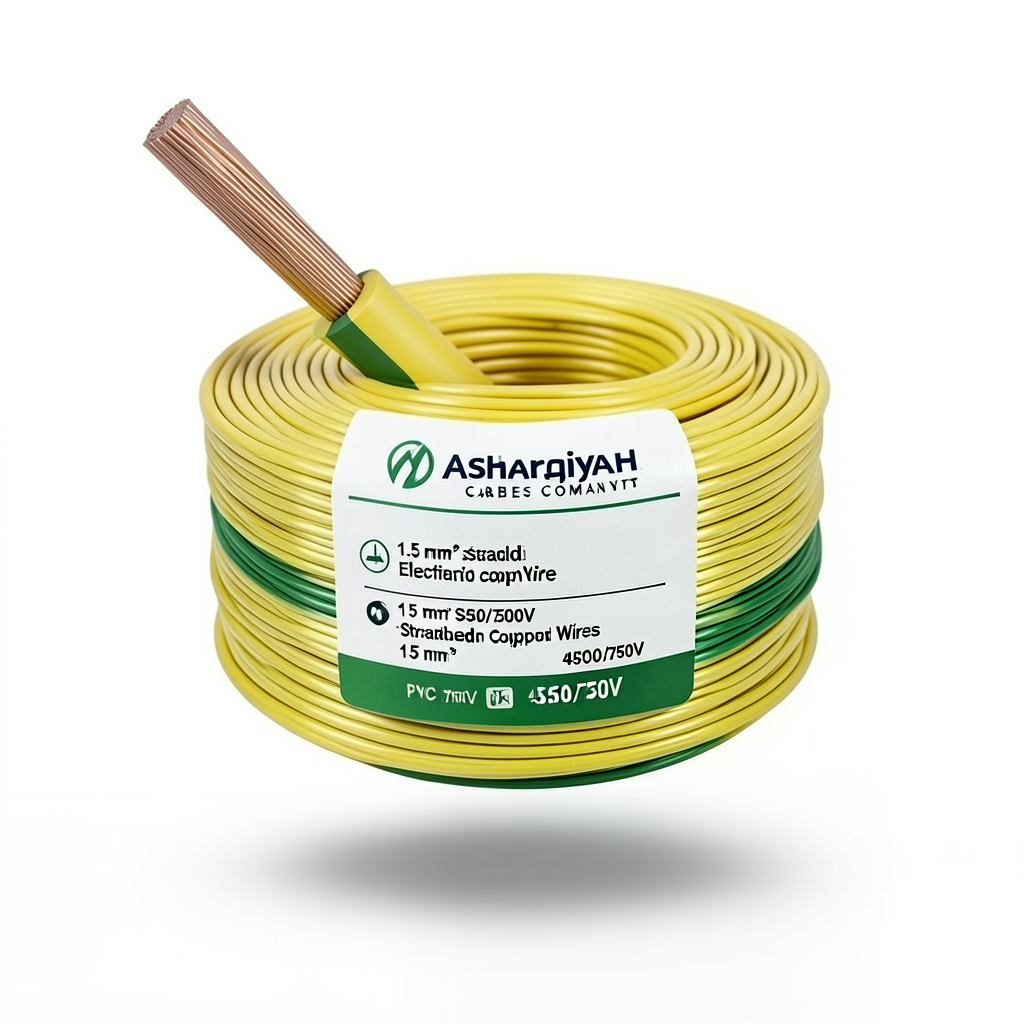 سلك كهرباء مجدول 1.5 مم²، 450/750 فولت، معزول PVC 70°C، لون أصفر/أخضر | شركة كابلات الشرقية للصناعة