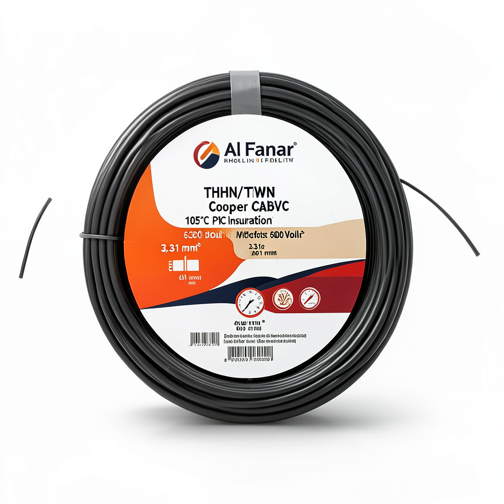 كابل نحاس THHN/THWN معزول PVC 105 درجة مئوية مقاس 3.31 مم² 600 فولت 500 قدم أسود | شركة الفنار