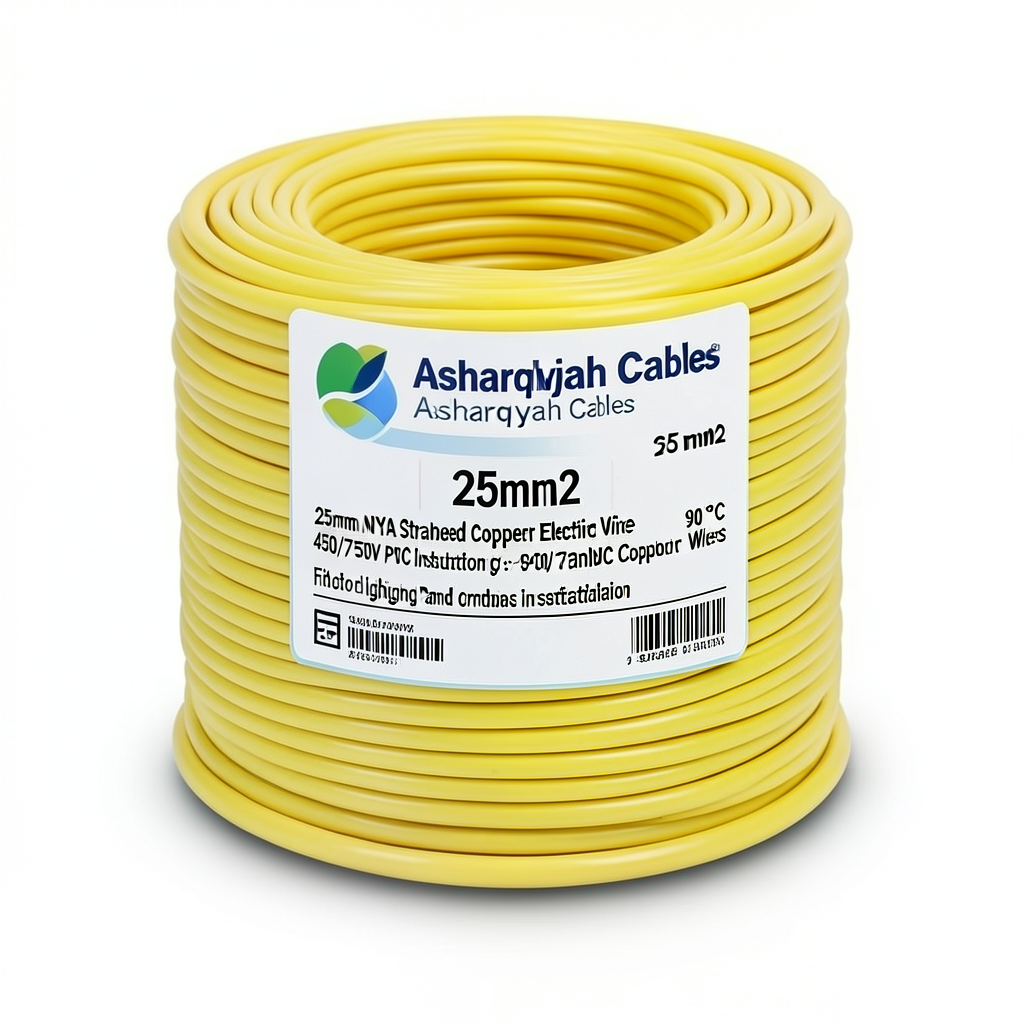لفة سلك كهرباء 25 مم2 NYA نحاس مجدول 450/750 فولت عزل PVC 90°C أصفر | شركة كابلات الشرقية للصناعة