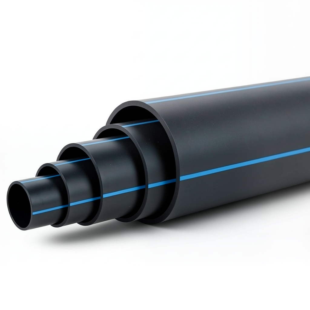 HDPE Polyethylene Pipe PN 10 Bar PE 80 OD 180 mm SDR 13.6 Black with Blue Stripes