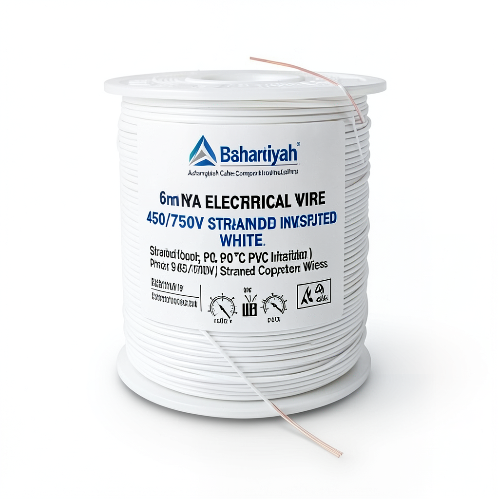 لفة سلك كهرباء 6 مم NYA 450/750 فولت، نحاس مجدول، معزول PVC 90°C، أبيض | شركة كابلات الشرقية للصناعة