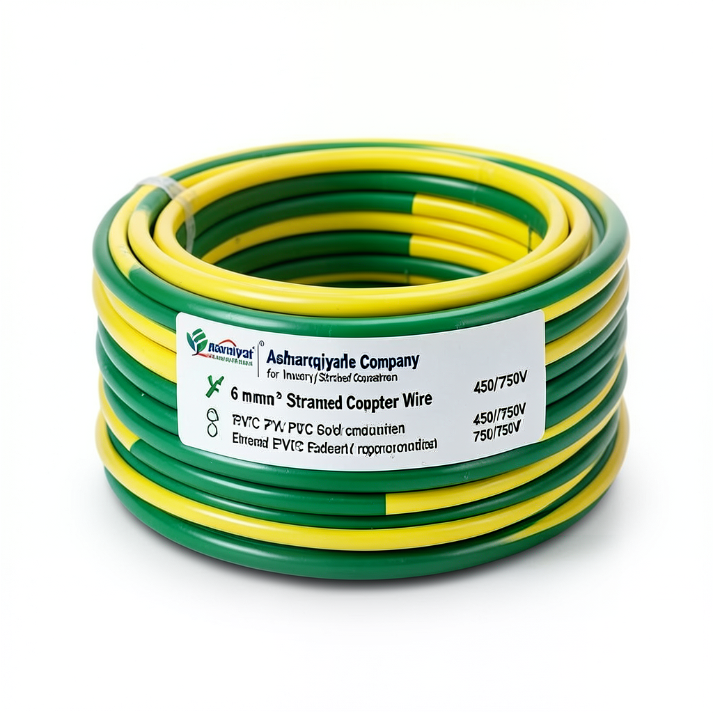 6 mm² Stranded Copper Electrical Wire, 450/750V, PVC 70°C Insulation, Yellow/Green | Asharqiyah Cables Company for Industry