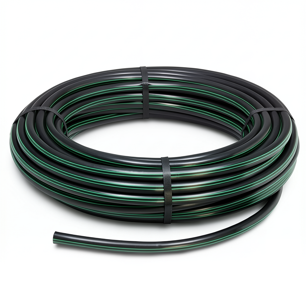 لفة أنابيب HDPE ضغط 16 بار PE 80 قطر خارجي 50 مم SDR 9 أسود مع خط أخضر