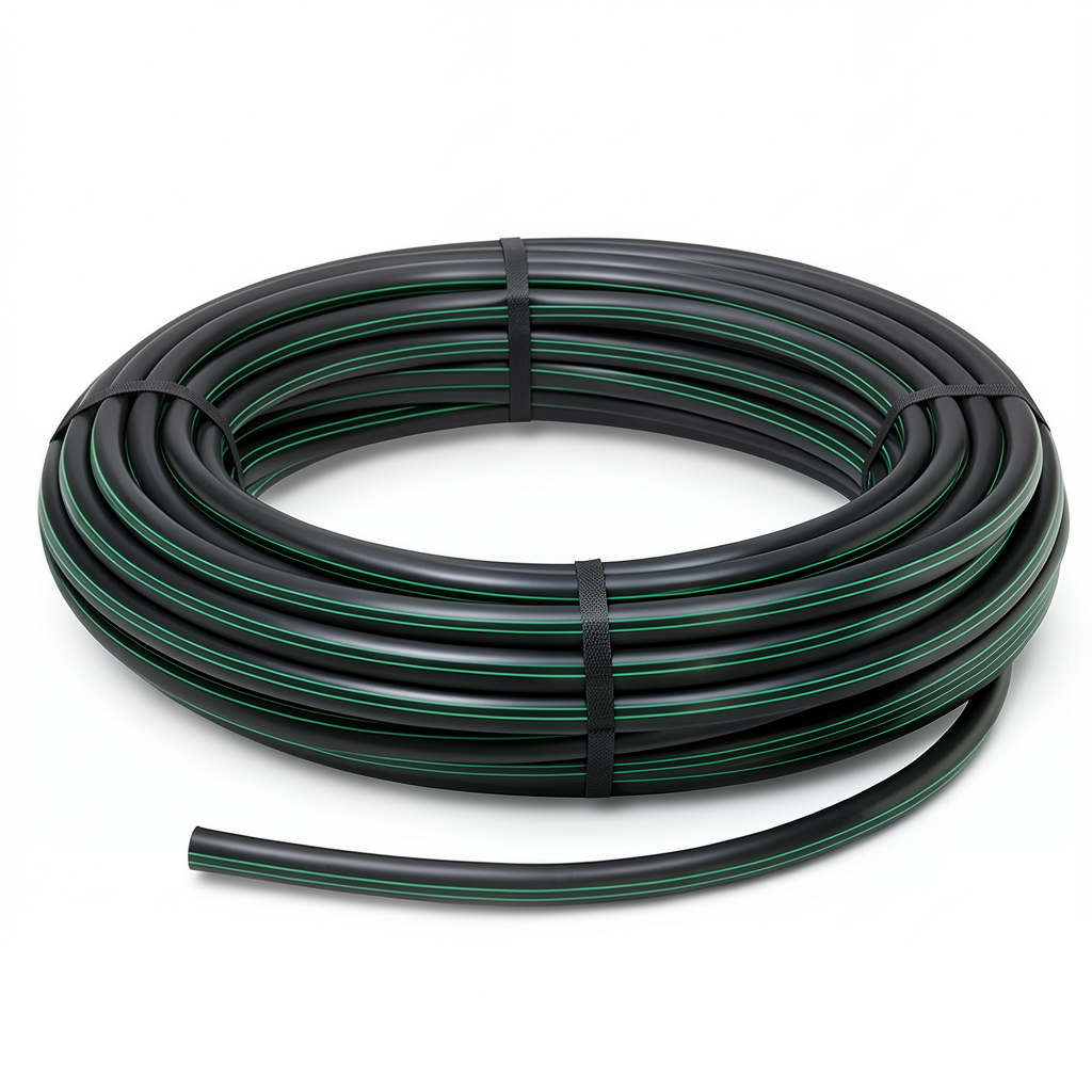 لفة أنابيب HDPE ضغط 12.5 بار PE 80، قطر خارجي 125 مم SDR 11 أسود مع خط أخضر