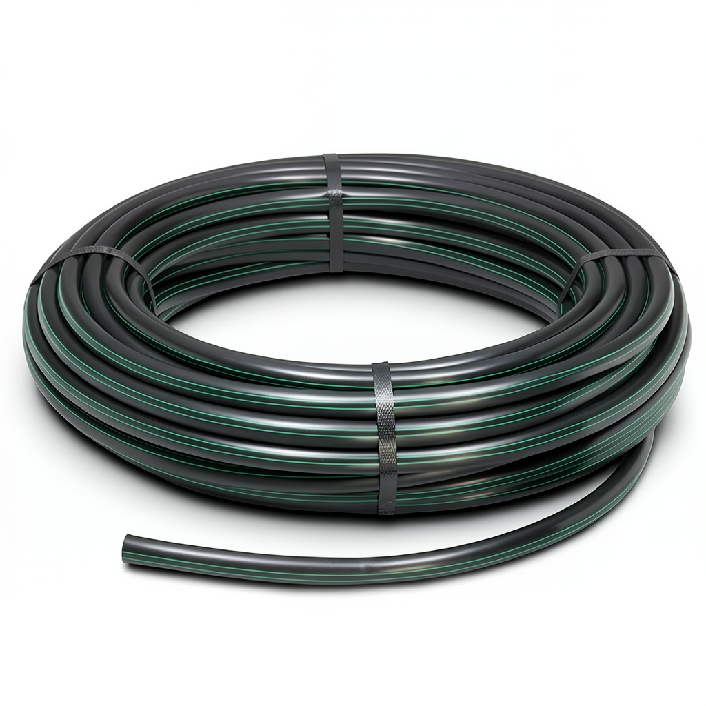 HDPE Plastic Coil Pipe Nominal Pressure 12.5 Bar PE 80 OD 140 mm SDR 11 Black with Green Stripes