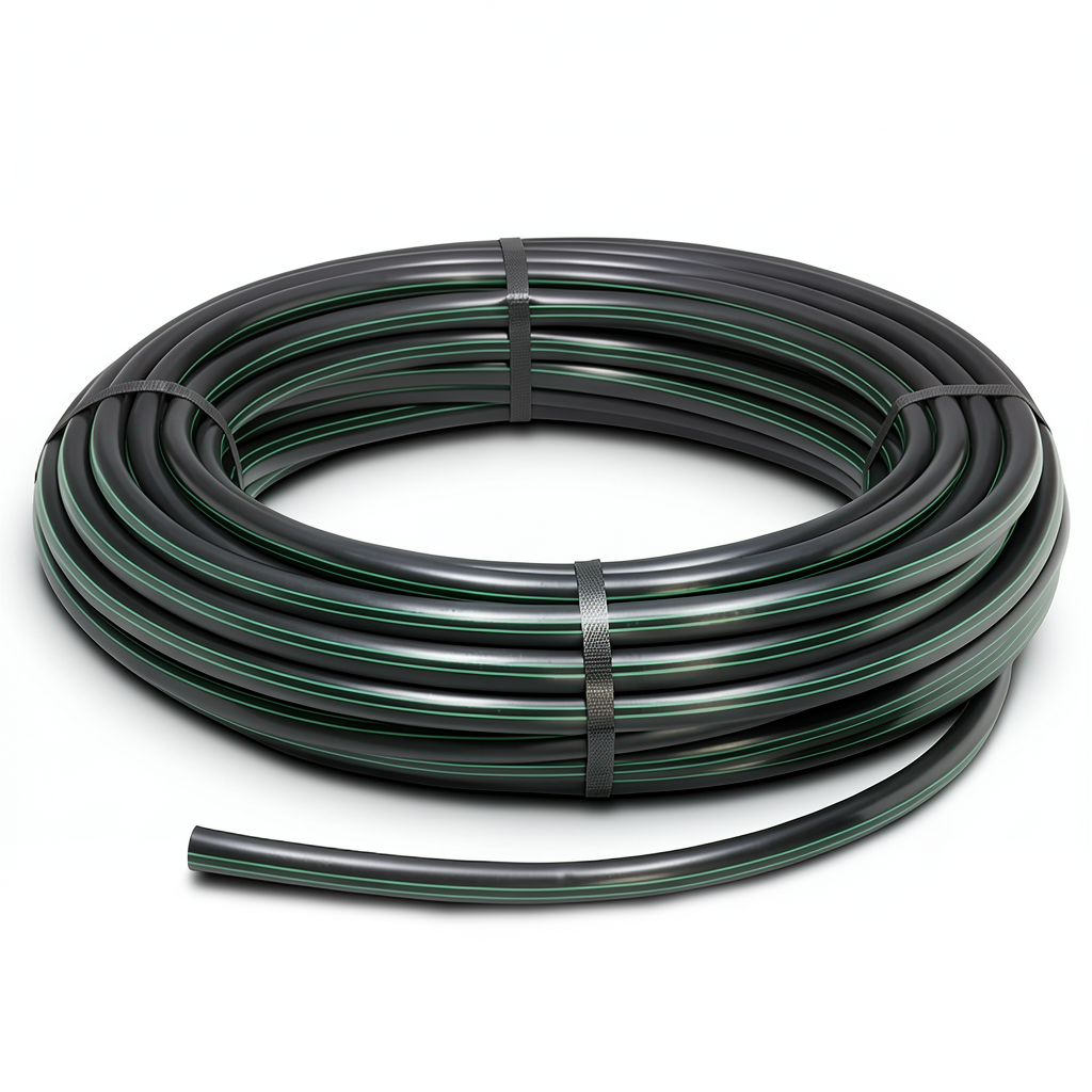 لفة أنابيب HDPE ضغط 16 بار PE 80 قطر خارجي 25 مم SDR 9 أسود مع خط أخضر