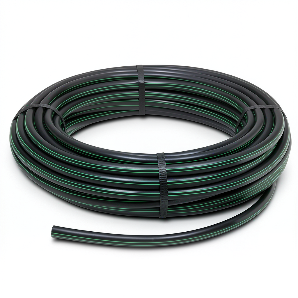 لفة أنابيب بلاستيك HDPE ضغط 16 بار PE 80 قطر خارجي 160 مم SDR 9 أسود مع خطوط خضراء