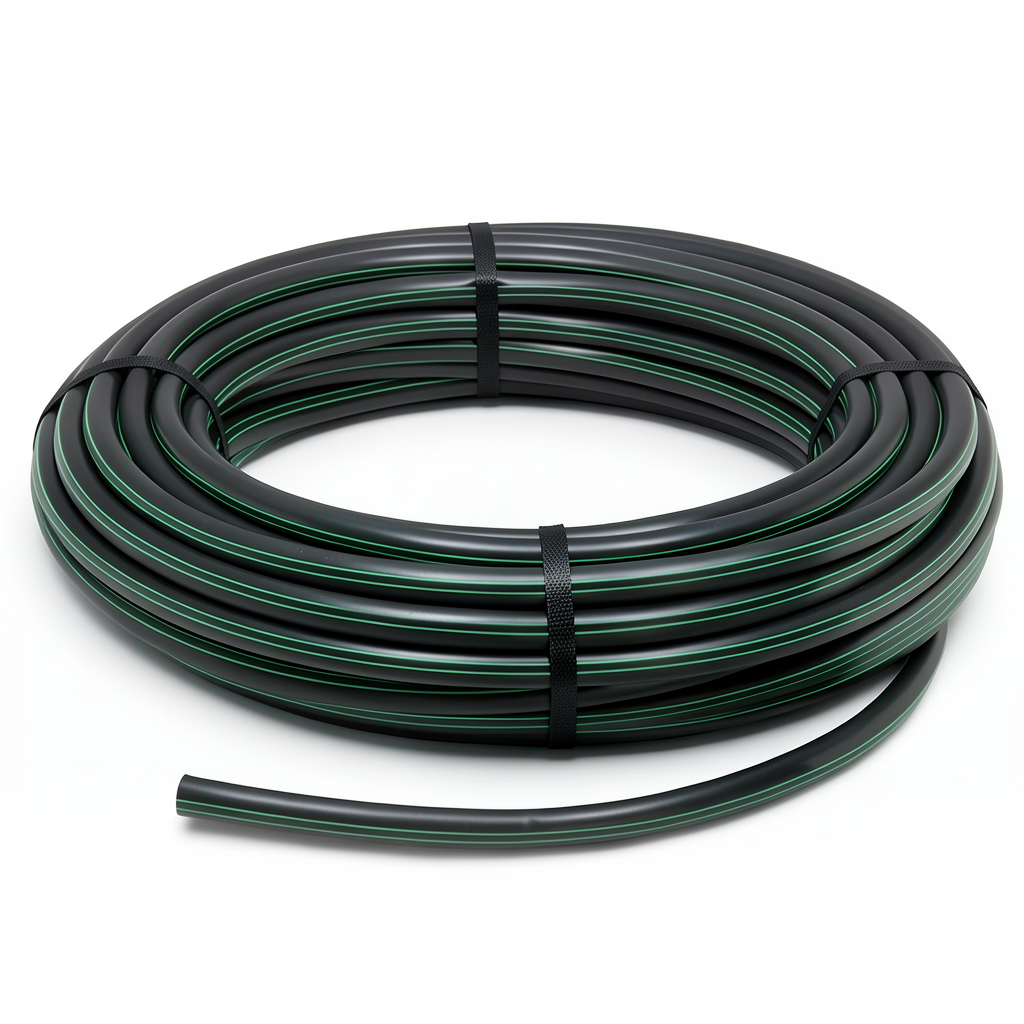 لفة أنابيب بلاستيك HDPE ضغط اسمي 16 بار PE80 قطر خارجي 32 مم SDR 9 أسود مع خطوط خضراء