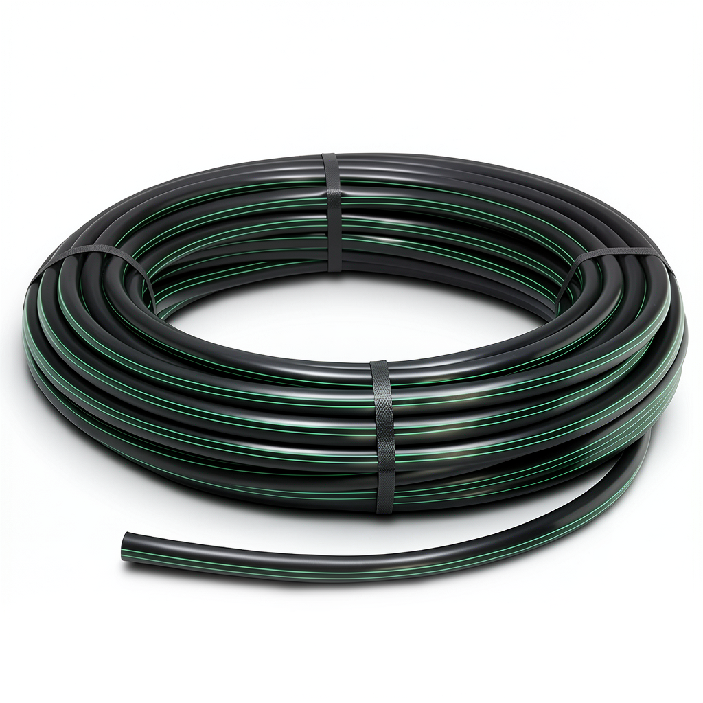 لفة أنابيب HDPE ضغط 16 بار PE 80 قطر خارجي 50 مم SDR 9 أسود مع خط أخضر