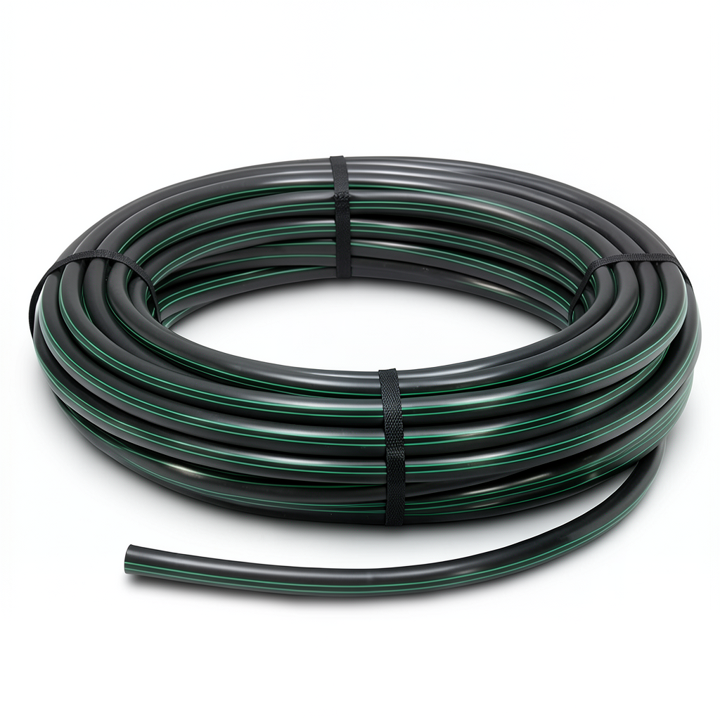 لفة أنابيب بلاستيك HDPE ضغط 16 بار PE 80 قطر خارجي 110 مم SDR 9 لون أسود مع خط أخضر