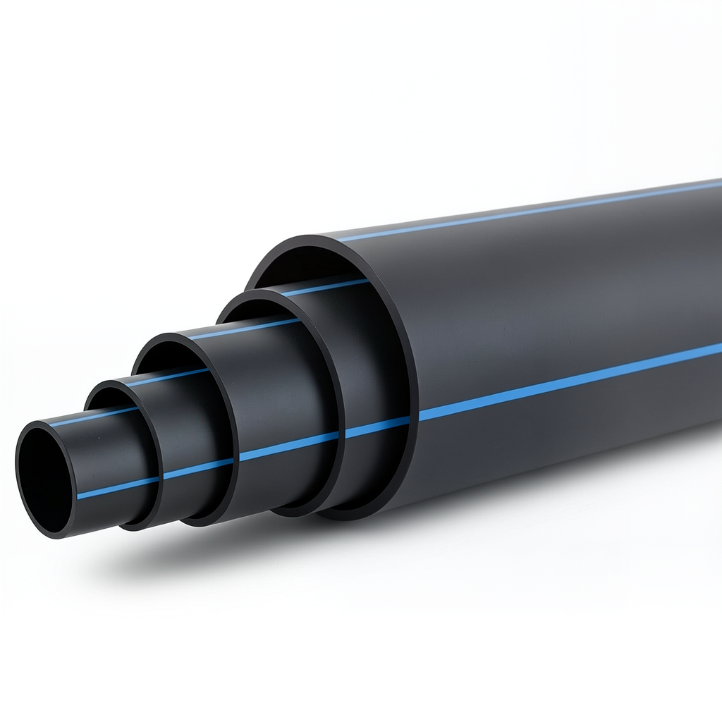 HDPE Polyethylene Pipe Nominal Pressure 12.5 Bar PE 80, 180 mm SDR 11 Black with Blue Stripes