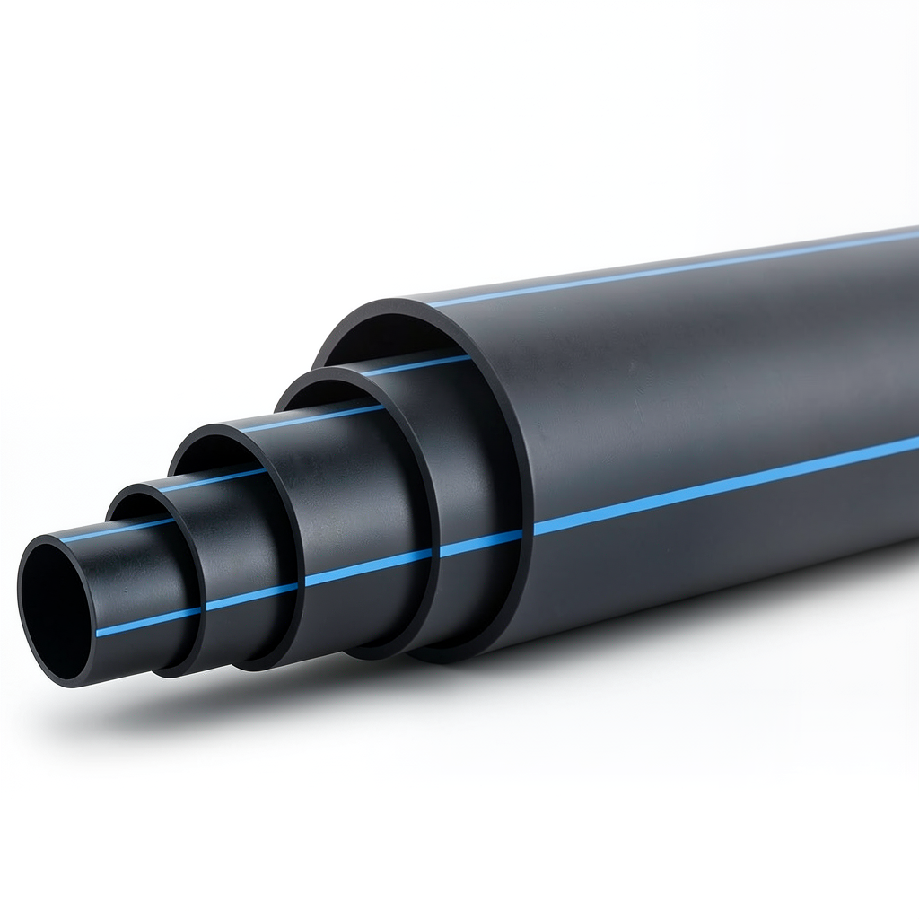 HDPE Polyethylene Pipe Nominal Pressure 12.5 Bar PE 80 OD 200 mm SDR 11 Black with Blue Stripes
