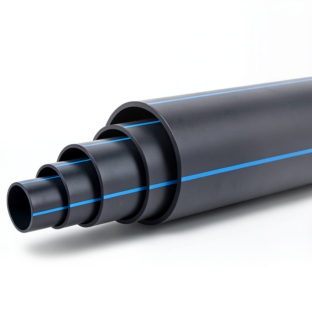 مواسير HDPE بولي ايثيلين ضغط 12.5 بار PE 80، قطر 250 مم SDR 11 أسود مع خطوط زرقاء