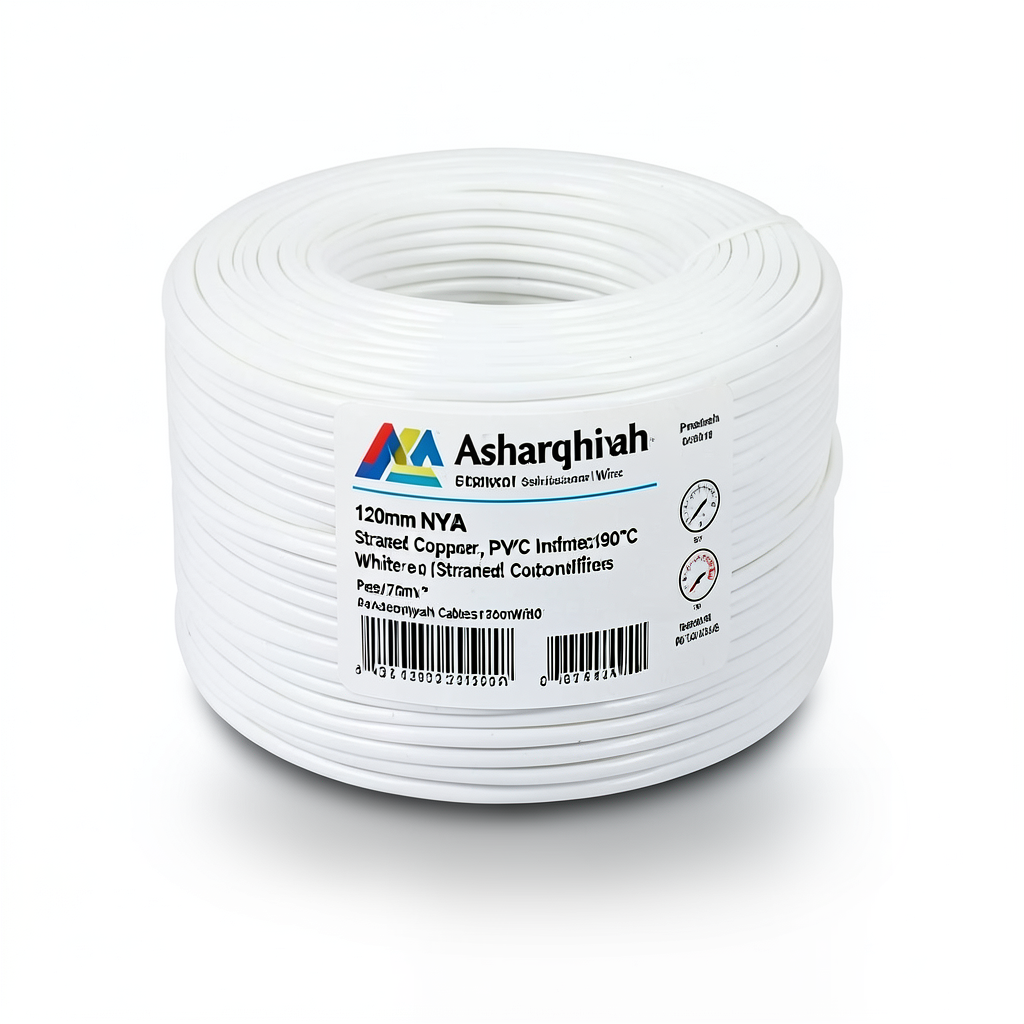 لفة سلك كهرباء 120 مم NYA 450/750 فولت، نحاس مجدول، عزل PVC 90°C، أبيض | شركة كابلات الشرقية للصناعة