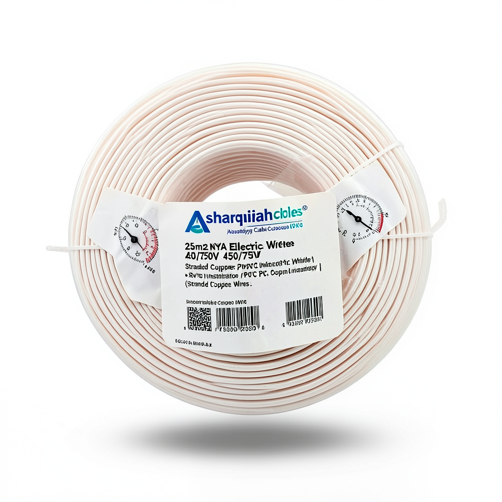 سلك كهرباء 25 مم2 NYA 450/750 فولت، نحاس مجدول، عزل PVC 90°C، أبيض | شركة كابلات الشرقية للصناعة