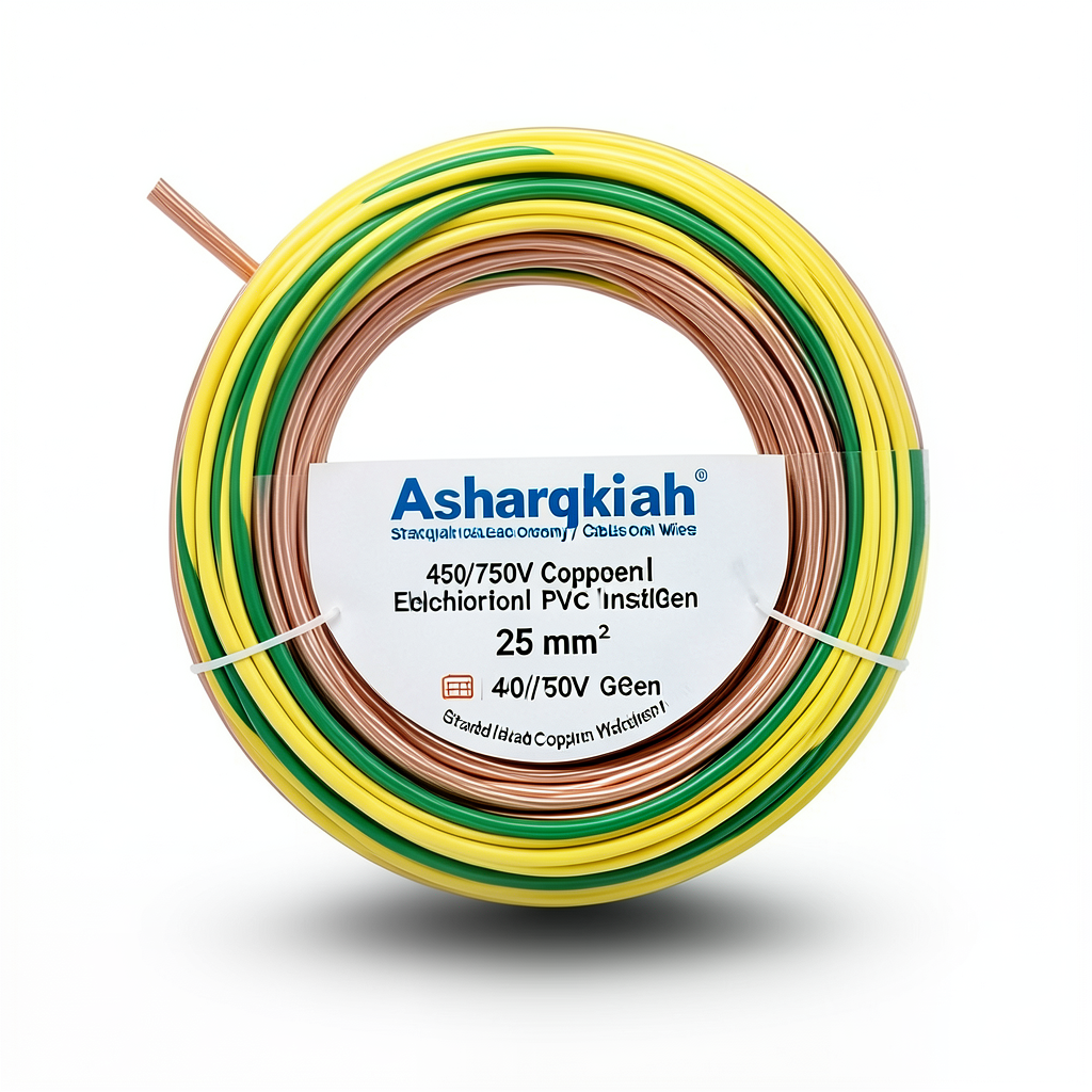سلك كهرباء مجدول 25 مم² 450/750 فولت، نحاس موصل، عزل PVC، أصفر/أخضر | شركة كابلات الشرقية للصناعة