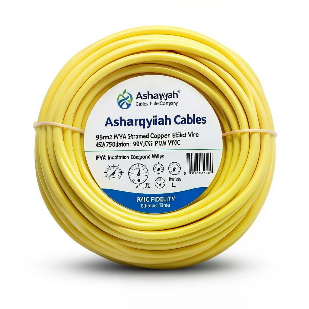 لفة سلك كهرباء نحاس مجدول NYA 95 مم2 450/750 فولت عزل PVC 90°C، اصفر | شركة كابلات الشرقية للصناعة