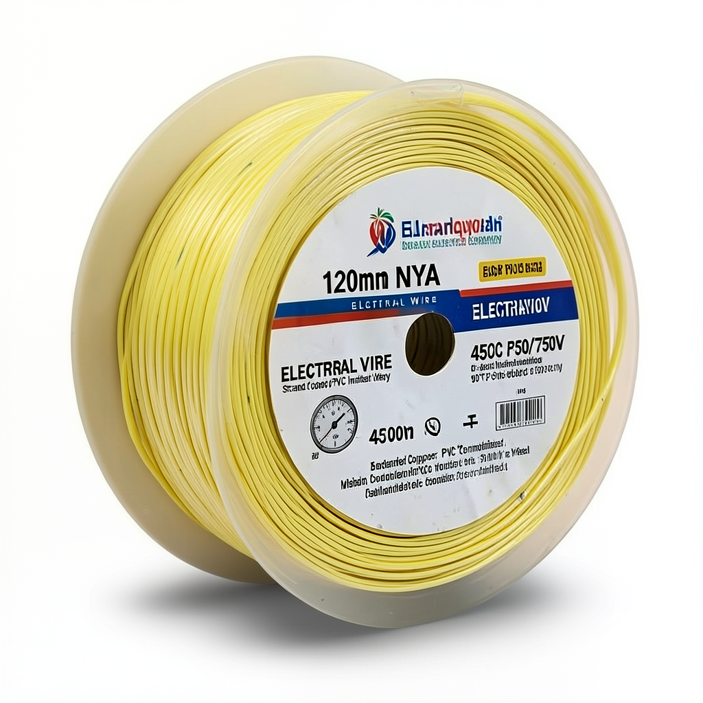 لفة سلك كهرباء 120 مم NYA 450/750 فولت، نحاس مجدول، عزل PVC 90°C، اصفر | شركة كابلات الشرقية للصناعة