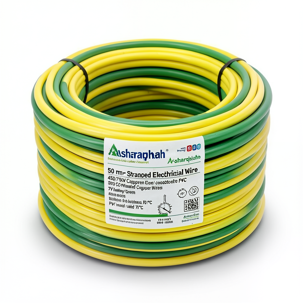 سلك كهرباء مجدول 50 مم² 450/750 فولت، نحاس موصل، عزل PVC 70°C، أصفر/أخضر | شركة كابلات الشرقية للصناعة