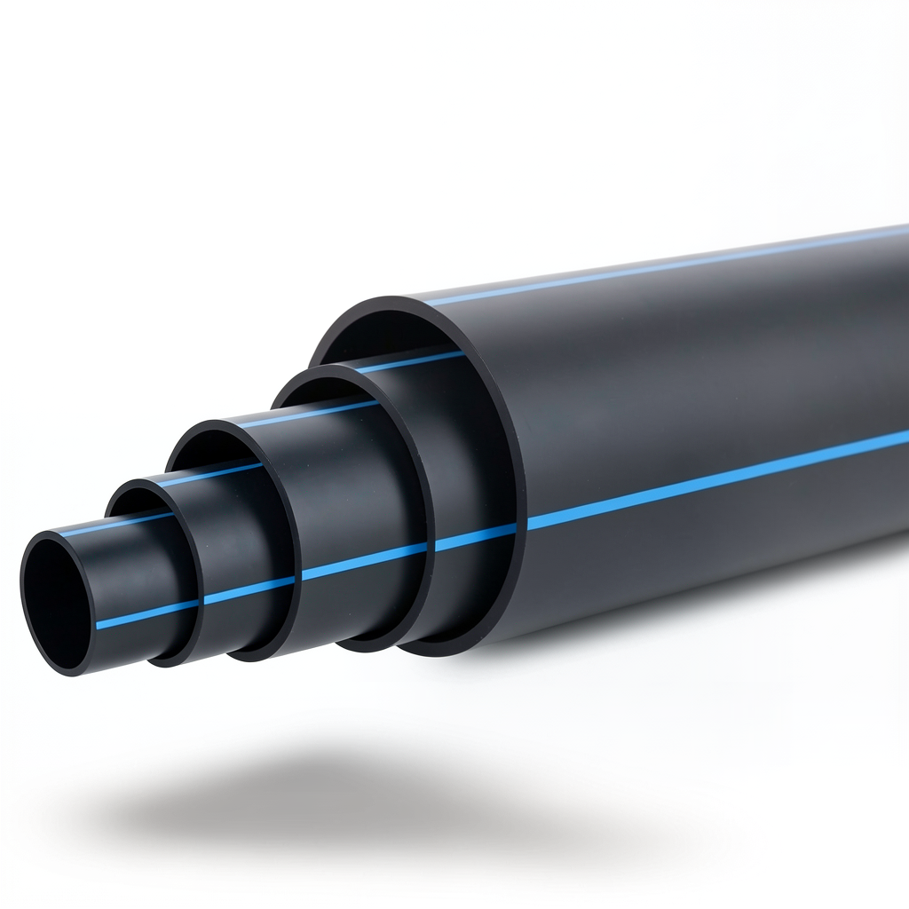 أنابيب HDPE بولي إيثيلين ضغط اسمي 12.5 بار PE80 قطر خارجي 630 مم SDR 11 أسود مع خطوط زرقاء