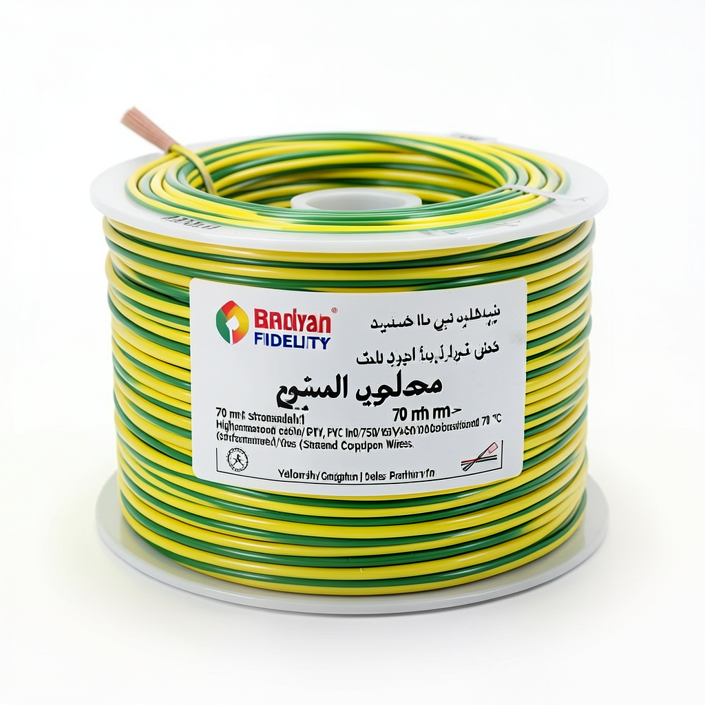 سلك كهرباء مجدول نحاس 70 مم²، 450/750 فولت، معزول PVC 70°C، أصفر/أخضر | شركة كابلات الشرقية للصناعة