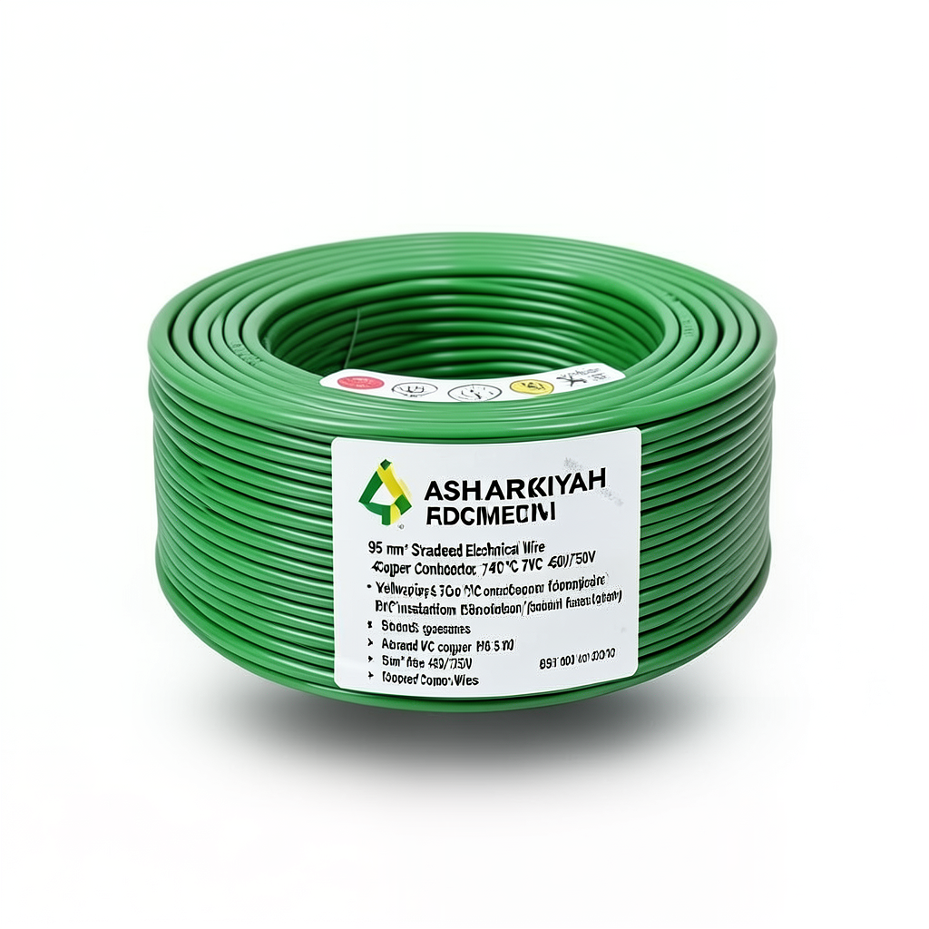 سلك كهرباء مجدول 95 مم² 450/750 فولت، موصل نحاس، عزل PVC 70°C، لون أصفر/أخضر | شركة كابلات الشرقية للصناعة