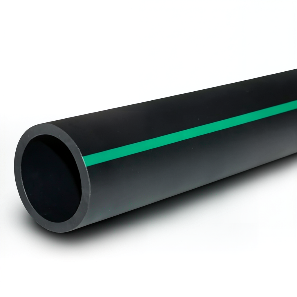 أنابيب HDPE ضغط 4 بار PE 80 قطر خارجي 200 مم SDR 41 أسود مع خطوط خضراء