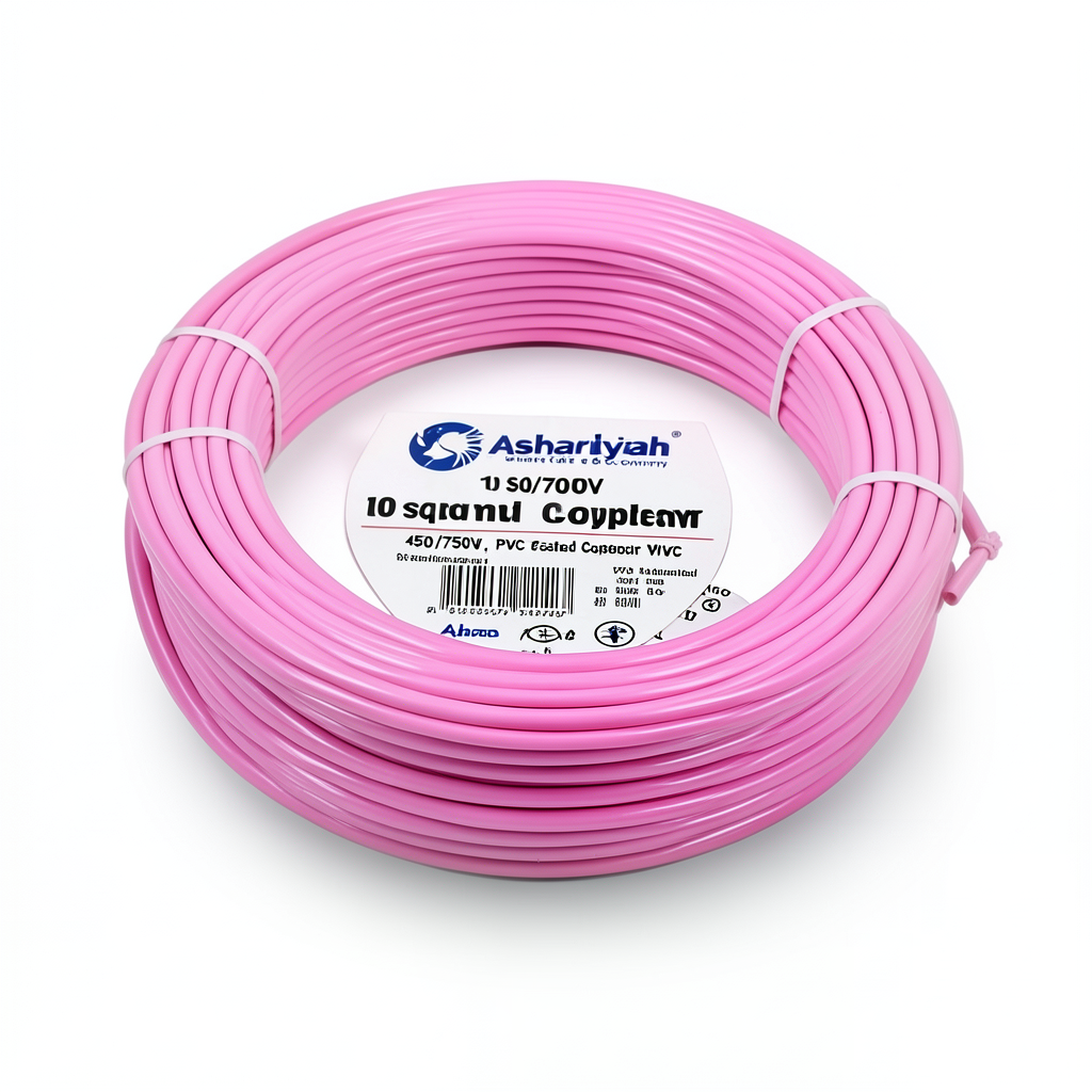 لفة سلك كهرباء مجدول 10 mm² 450/750 فولت، موصل نحاس، معزول PVC 70°C، لون زهري | شركة كابلات الشرقية للصناعة