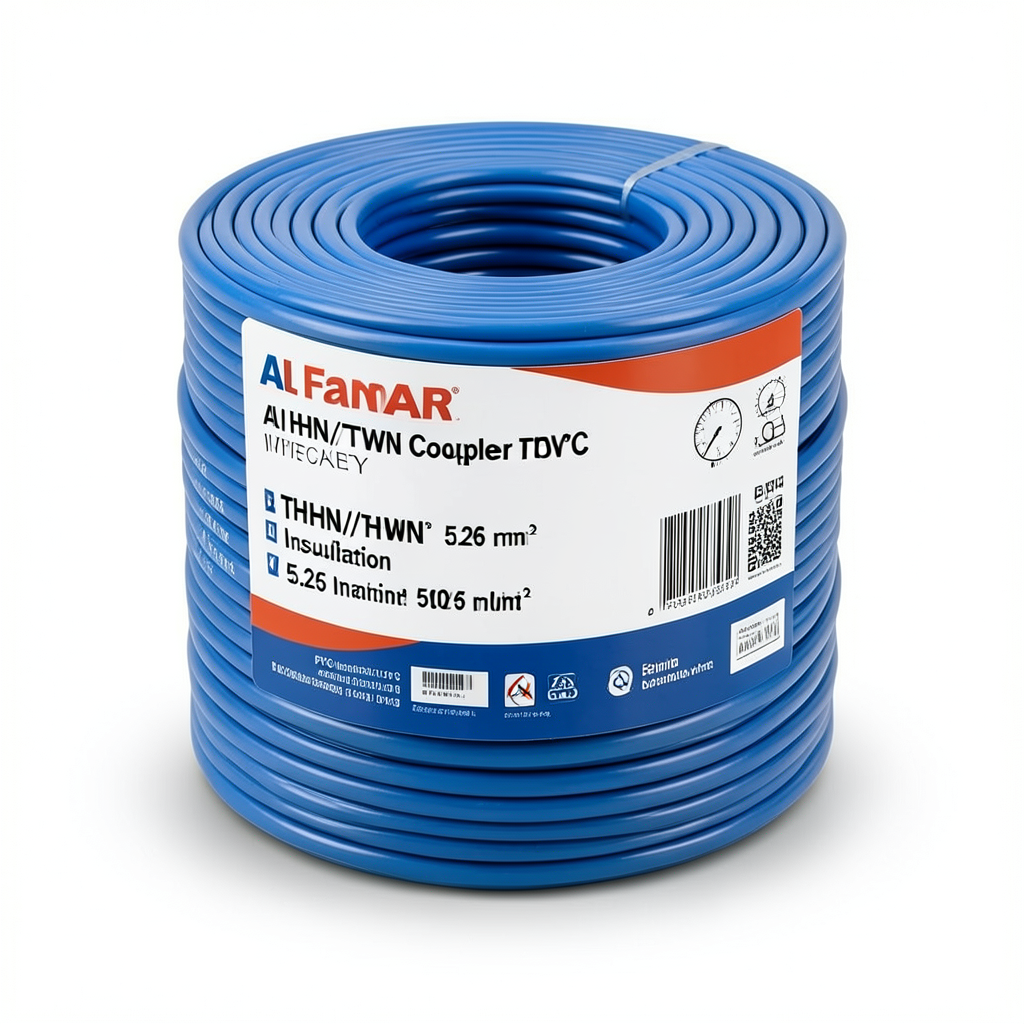 كابل نحاس THHN/THWN معزول PVC 105°C مقاس 5.26 مم² 600 فولت طول 500 قدم أزرق | شركة الفنار