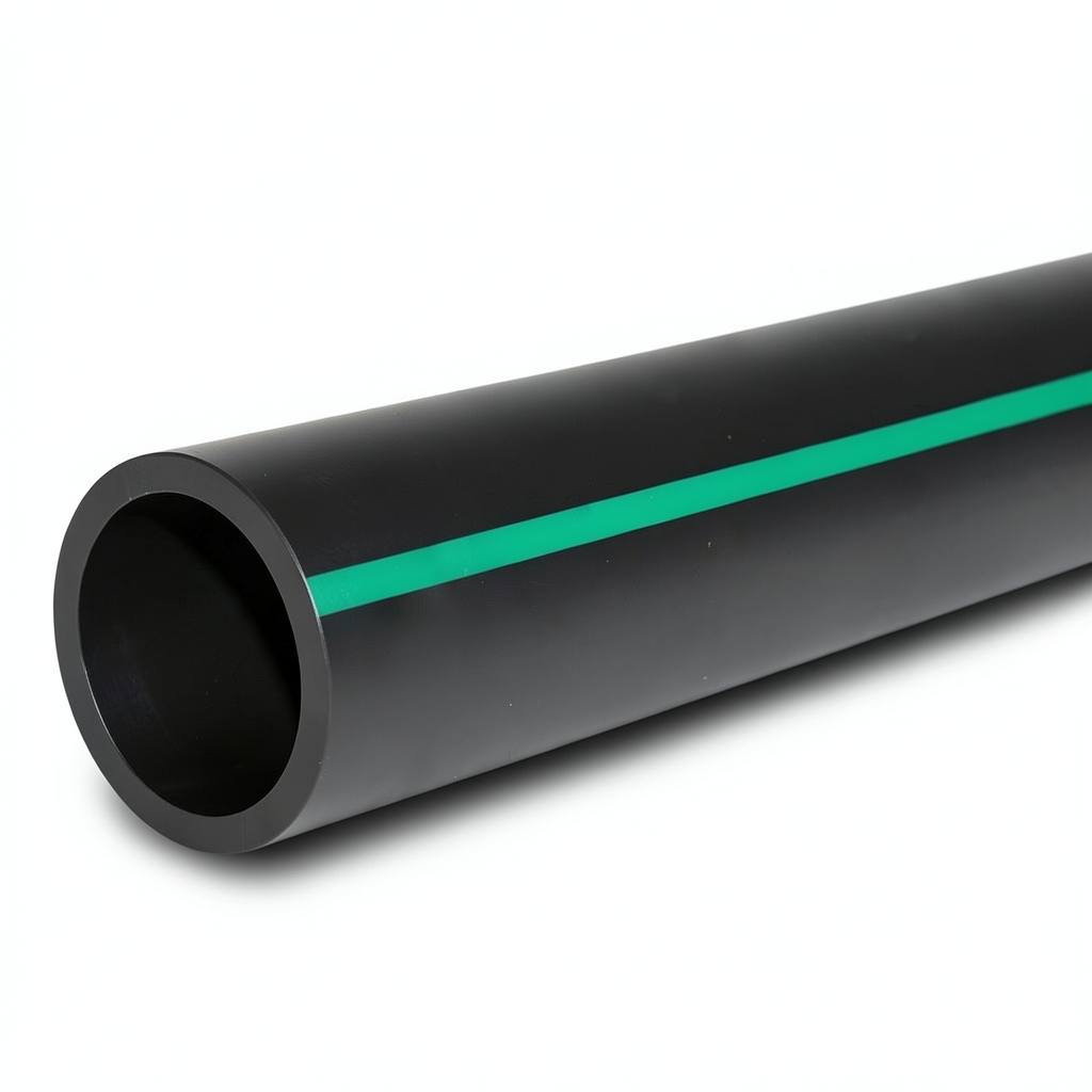 HDPE Polyethylene Pipe Nominal Pressure 6 Bar PE 80, 225 mm Diameter SDR 22 Black with Green Stripes