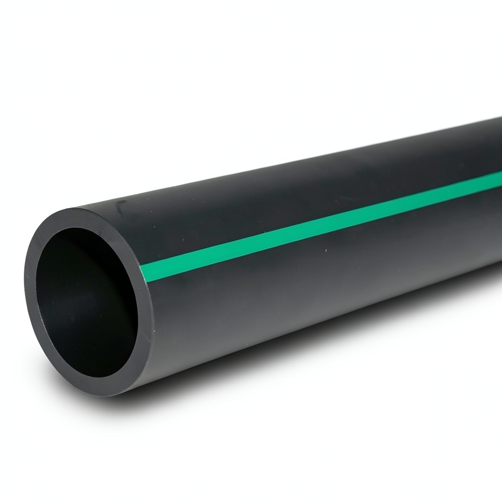 مواسير HDPE بولي ايثيلين ضغط اسمي 6 بار PE 80 قطر خارجي 400 مم SDR 22 أسود مع خطوط خضراء