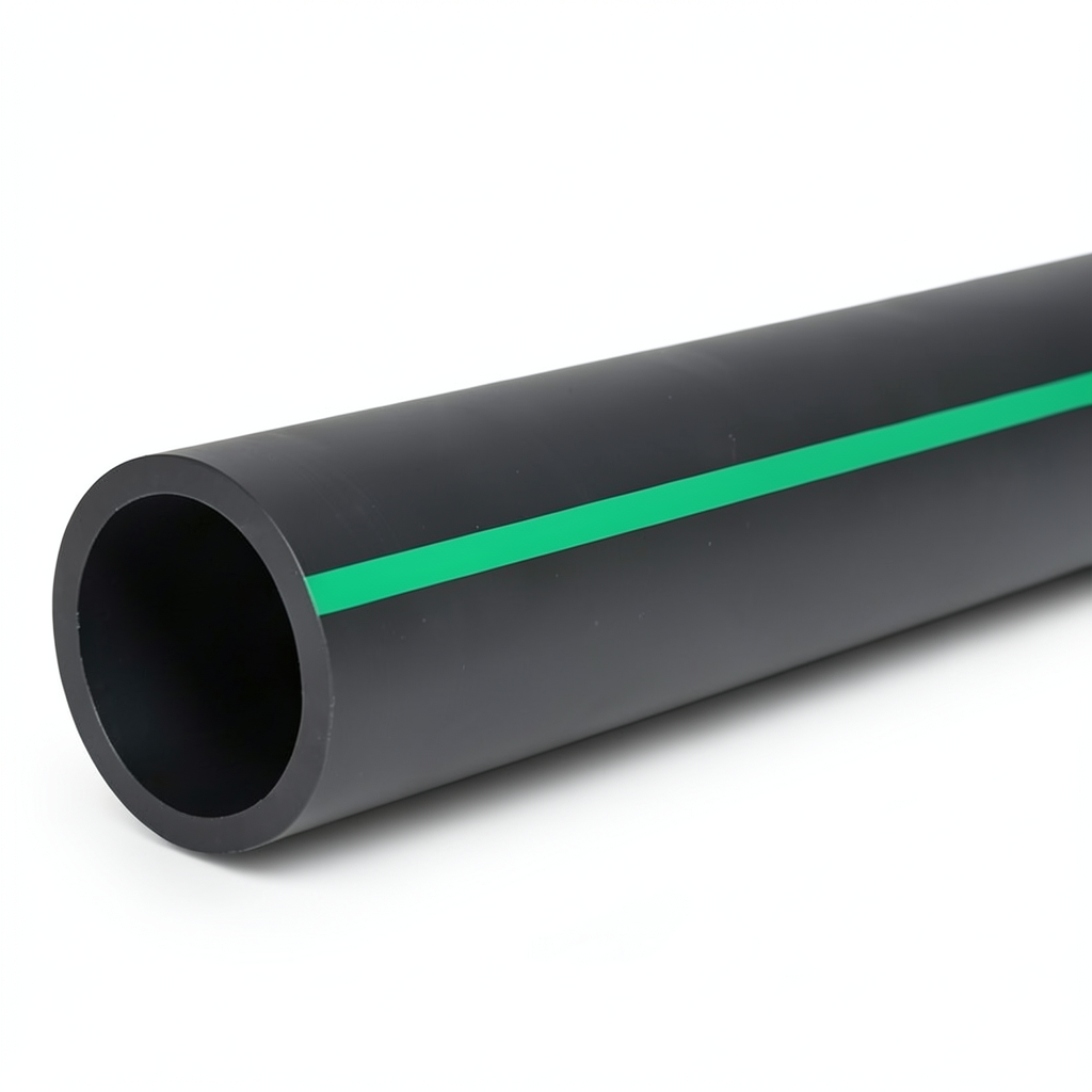 مواسير HDPE ضغط 10 بار PE 80، قطر خارجي 200 مم SDR 13.6 أسود مع خطوط خضراء