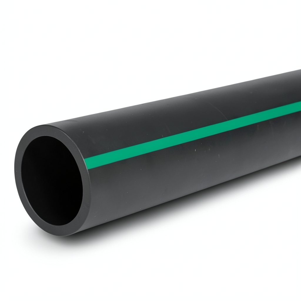 مواسير HDPE بولي ايثيلين ضغط 10 بار PE 80، قطر 355 مم SDR 13.6 أسود مع خطوط خضراء