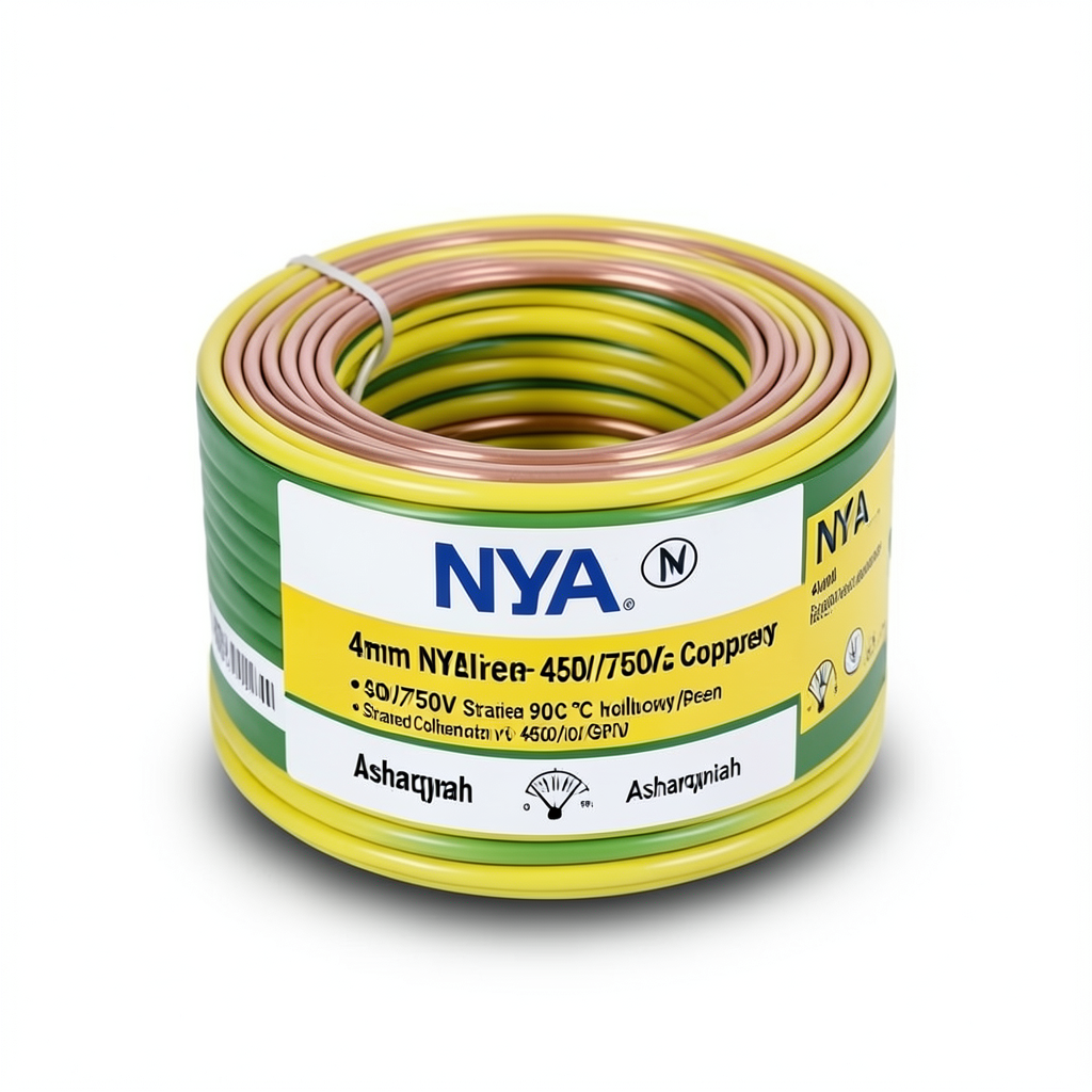 لفة سلك 4 ملم NYA كهربائي 450/750 فولت، نحاس مجدول، عزل PVC 90°C، اصفر/اخضر | شركة كابلات الشرقية للصناعة
