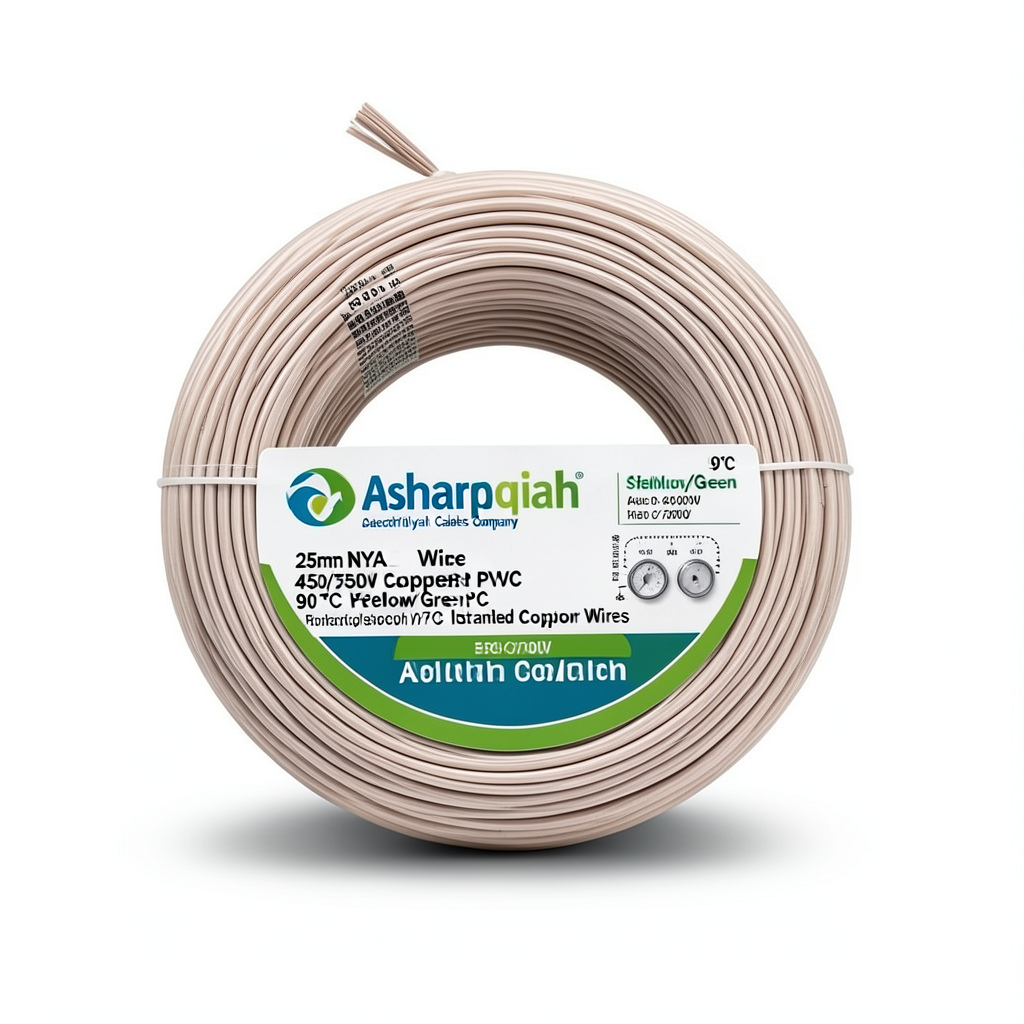 لفة سلك 25 ملم NYA كهربائي 450/750 فولت نحاس مجدول عزل PVC 90°C اصفر/اخضر | شركة كابلات الشرقية للصناعة