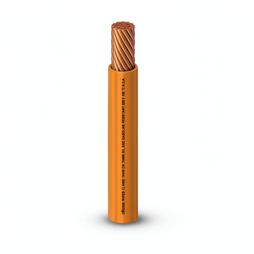 كابل نحاس THHN/THWN عزل PVC 105 درجة مئوية مقاس 3.31 مم² قطر 3.1 مم 600 فولت طول 500 قدم لون برتقالي | شركة الفنار