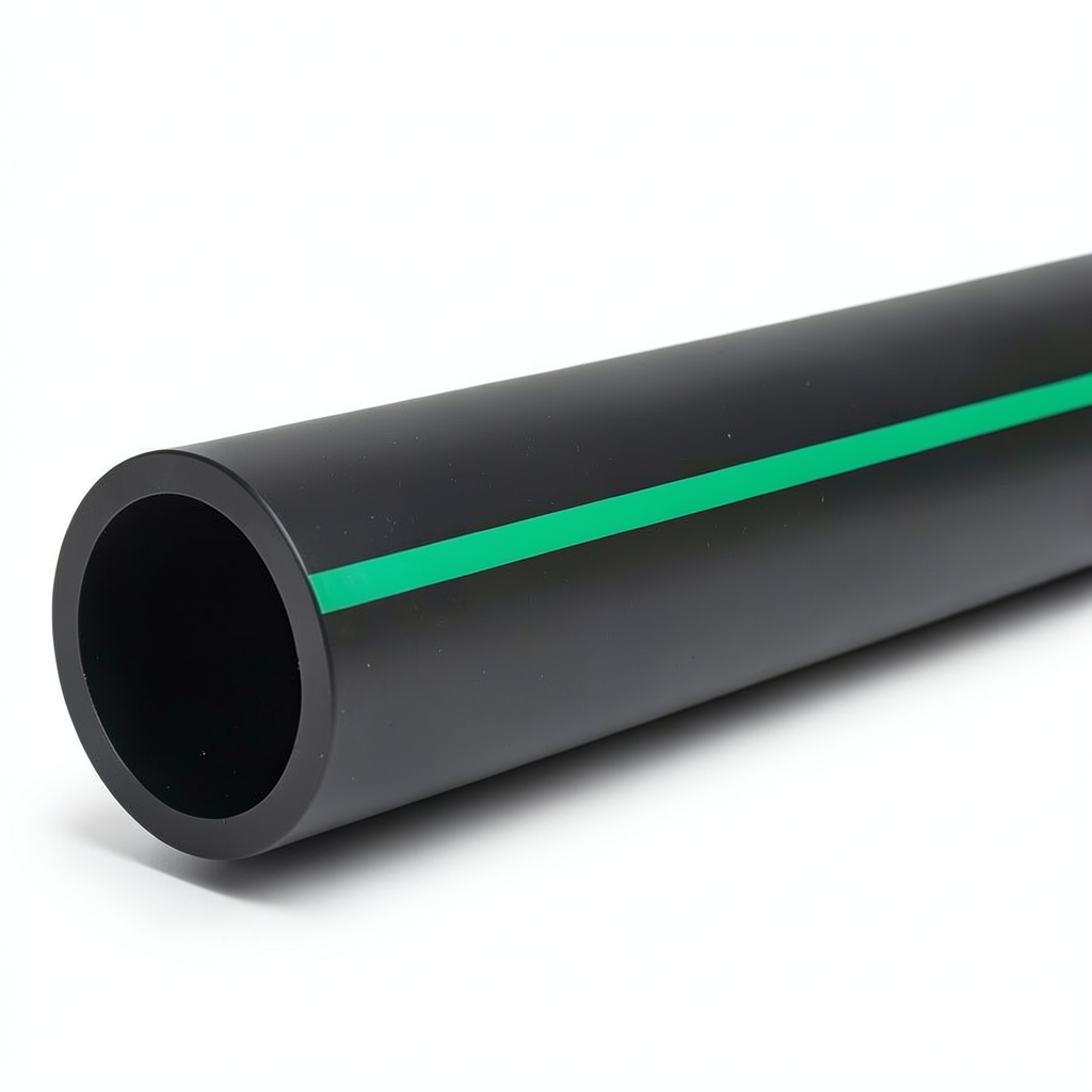 HDPE Polyethylene Pipe Nominal Pressure 12.5 Bar PE 80, 225 mm SDR 11 Black with Green Stripes