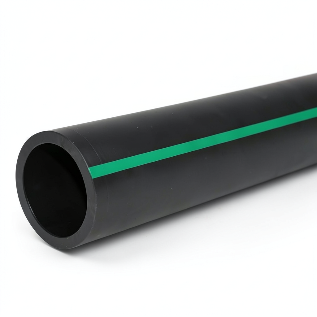 أنابيب بلاستيكية HDPE ضغط 16 بار [PE 80]، قطر 225 مم SDR 9، أسود مع خطوط خضراء
