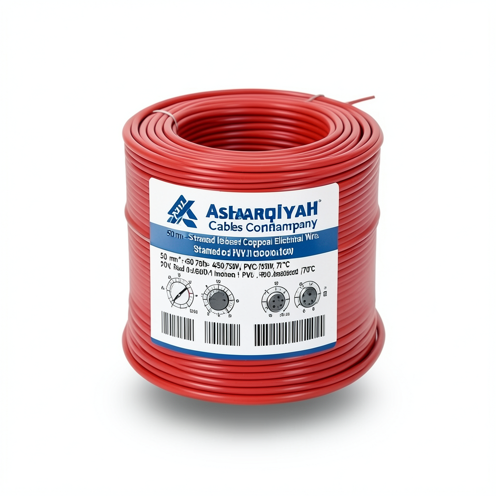 سلك كهرباء مجدول نحاس 50 مم²، 450/750 فولت، عزل PVC 70°C، أحمر | شركة كابلات الشرقية للصناعة