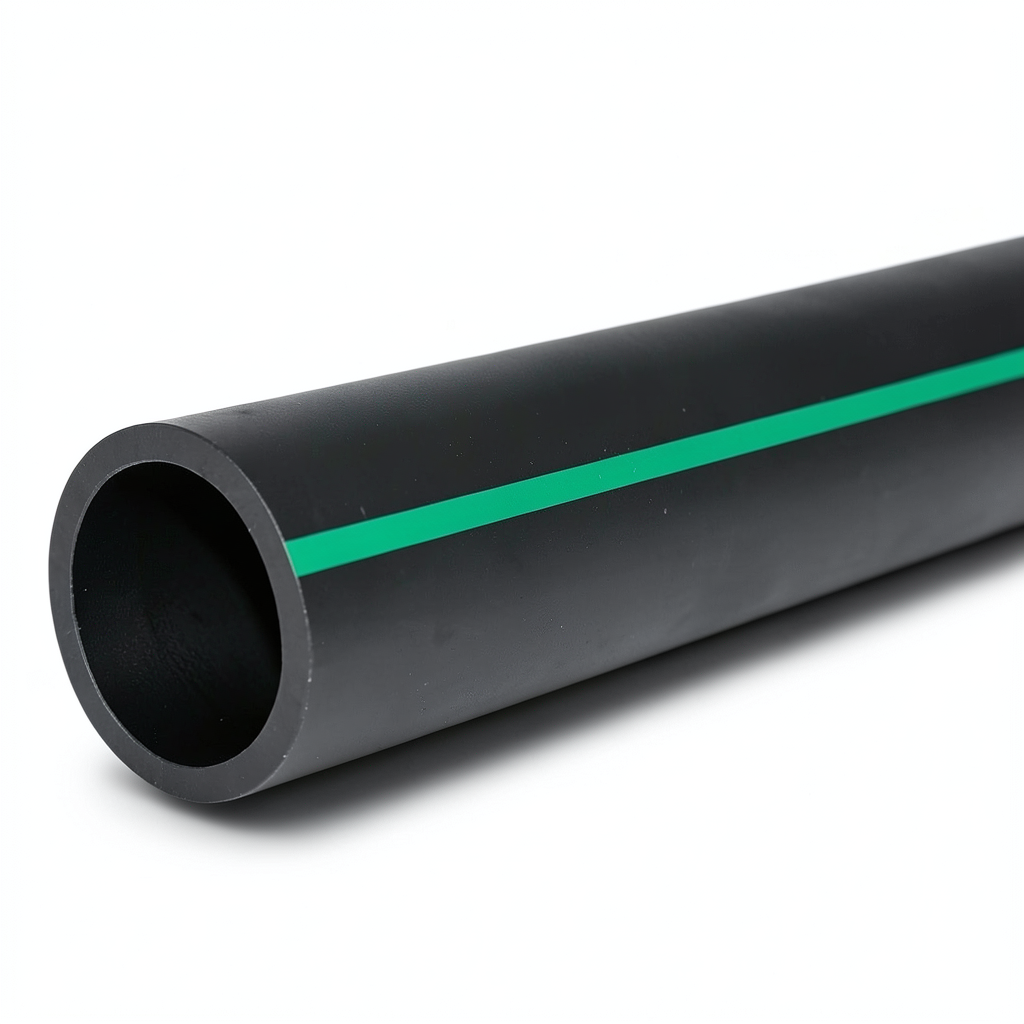 HDPE Plastic Pipe Nominal Pressure 16 Bar PE 80 OD 200 mm SDR 9 Black with Green Stripes