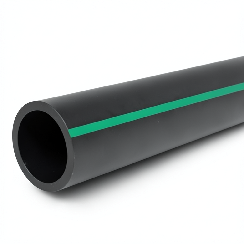HDPE Plastic Pipe Nominal Pressure 16 Bar PE 80, 250 mm SDR 9 Black with Green Stripes