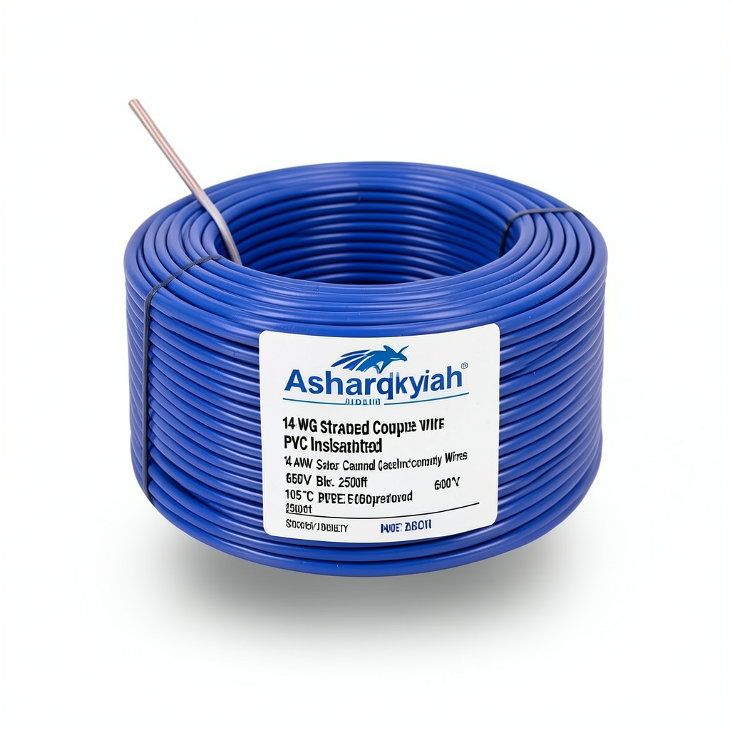 سلك كهرباء نحاس مجدول 14 AWG معزول PVC 105°C، أزرق، 600 فولت، 2500 قدم | شركة كابلات الشرقية للصناعة