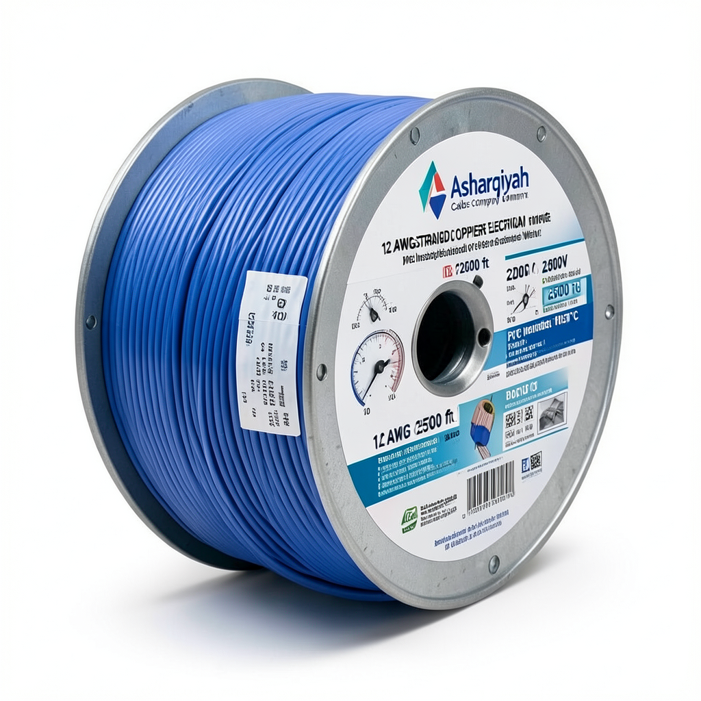 سلك امريكي 12 AWG نحاس مجدول عزل PVC 105°C أزرق، 600 فولت، 2500 قدم | شركة كابلات الشرقية للصناعة