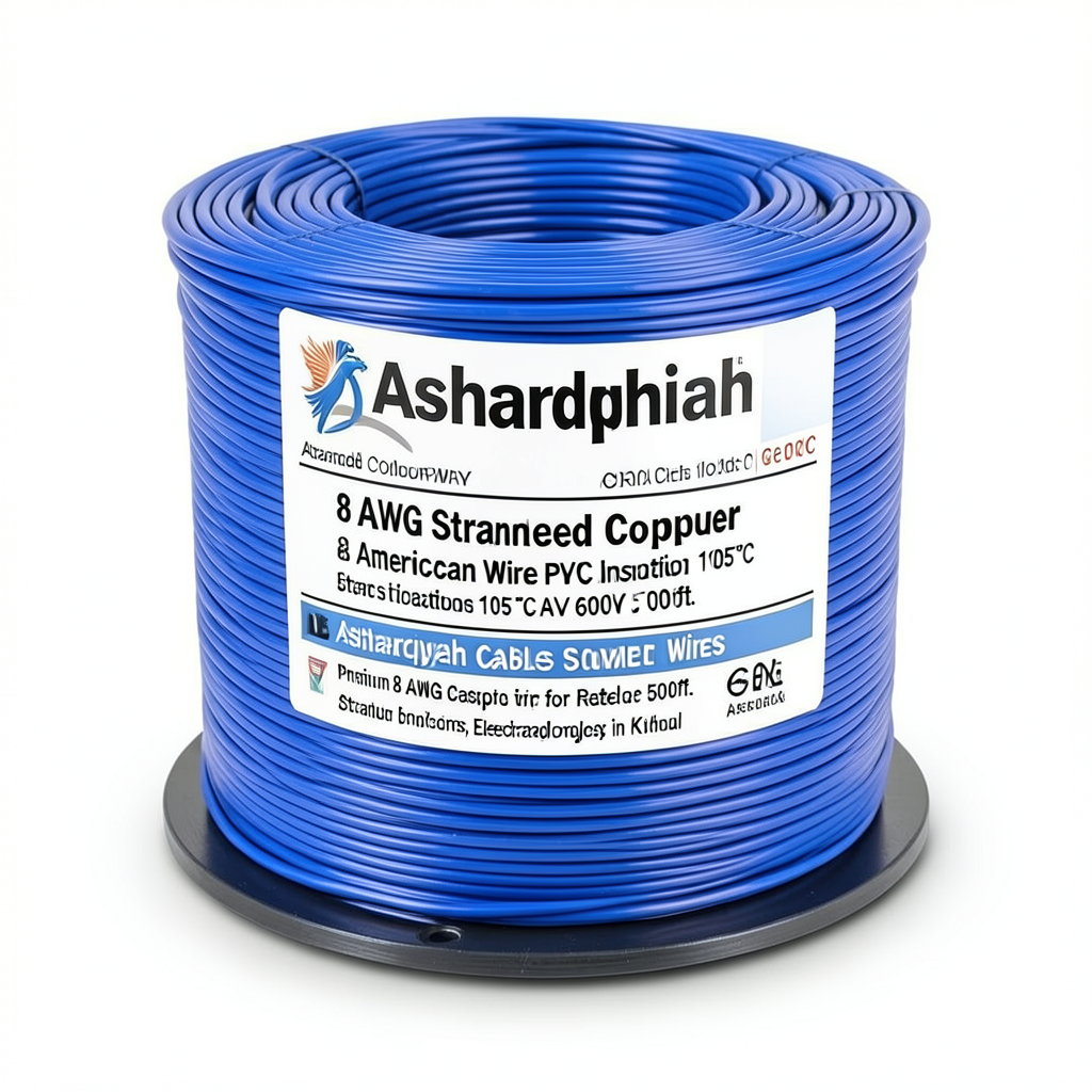 سلك كهرباء امريكي 8 AWG نحاس مجدول عزل PVC 105°C أزرق 600 فولت طول 500 قدم | شركة كابلات الشرقية للصناعة